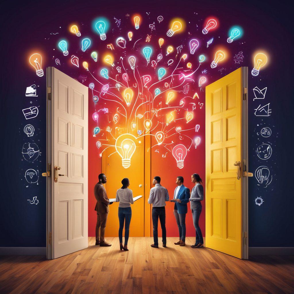 A diverse group of individuals engaged in a dynamic brainstorming session, surrounded by symbols of growth such as light bulbs and upward arrows. The background features an open door symbolizing opportunity and potential. Include a vibrant collage of personal development resources like books and technology. Bright and inspiring colors. super-realistic. vibrant colors.