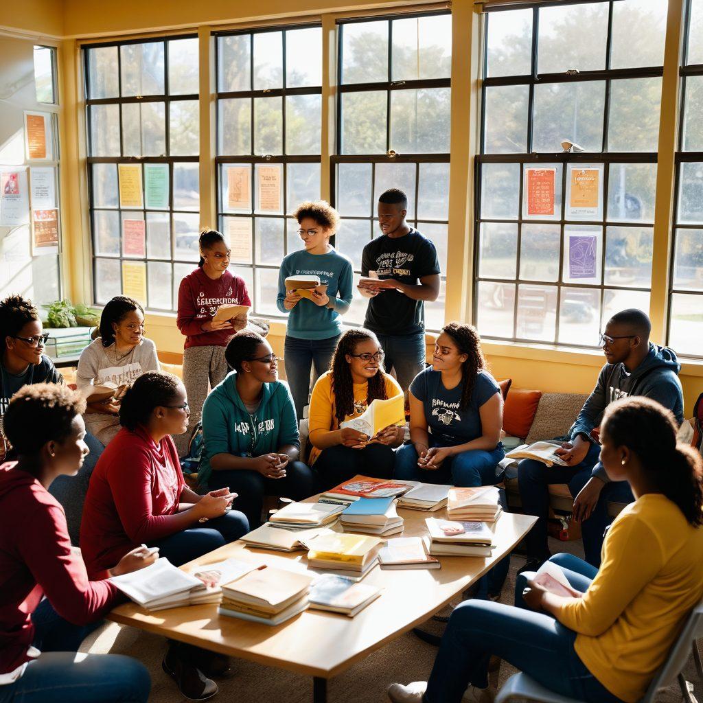A diverse group of individuals from various backgrounds collaborating in a vibrant community center filled with books, resources, and supportive materials. Show students and mentors engaging in active discussions, surrounded by motivational posters about growth and resourcefulness. Soft sunlight streaming through large windows to create an inviting atmosphere. Illustrate a sense of unity and empowerment. super-realistic. vibrant colors. warm lighting.